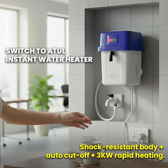 Atul 1.5 LTR Instant Water Geyser, Made Of First Class Abs Plastic 3Kw, Auto Cut Off Feature| Shock resistant | Instant Portable Water Heater for Kitchen, Bathroom, Office, Restaurant, Saloon & Parlor
