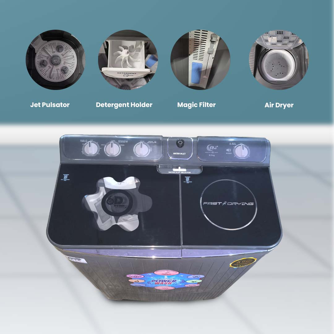 AU+ Washing Machine 8.5KG Capacity, 135W Wash Motor, 35W Spin Motor – AU85SW by Atul